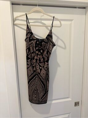 Black and Beige Patterned Slip Dress